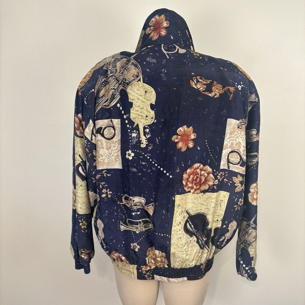 VTG 80s 90s Kim Rogers Sport 100% Silk Musical Instruments Print Bomber Jacket M - Picture 6 of 9